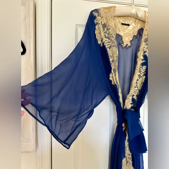 Rosamosario Italian 100% Cobalt Blue Silk Chiffon Long Robe “Riviera Bonjour” - Picture 8 of 14